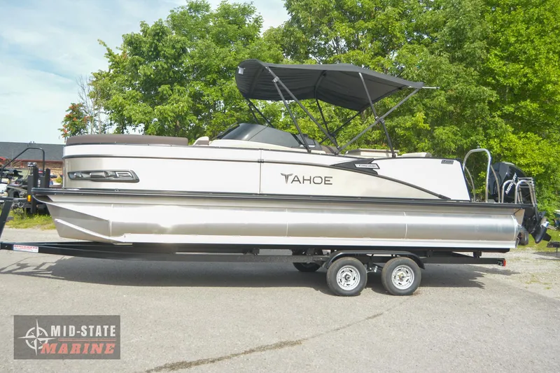 Slide: The Image of 2024 Tahoe Pontoon Cascade Elite Windshield on trailer at Mid-State Marine. - 2