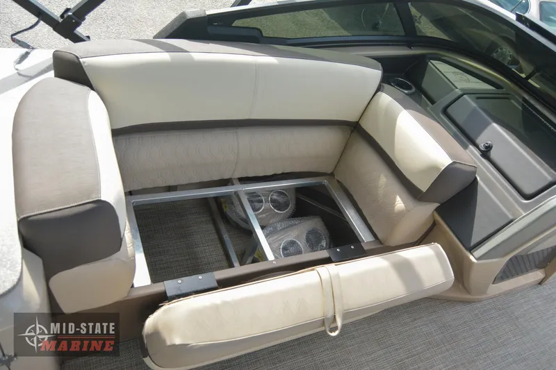 Slide: The Image of 2024 Tahoe Pontoon Cascade Elite Windshield interior seating and storage. - 28