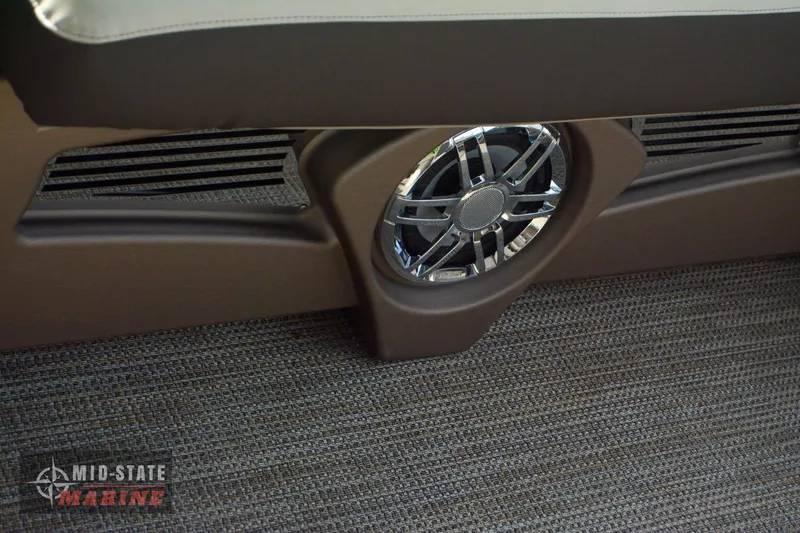 Slide: The Image of 2024 Tahoe Pontoon Cascade Elite Windshield interior speaker and seating detail. - 32