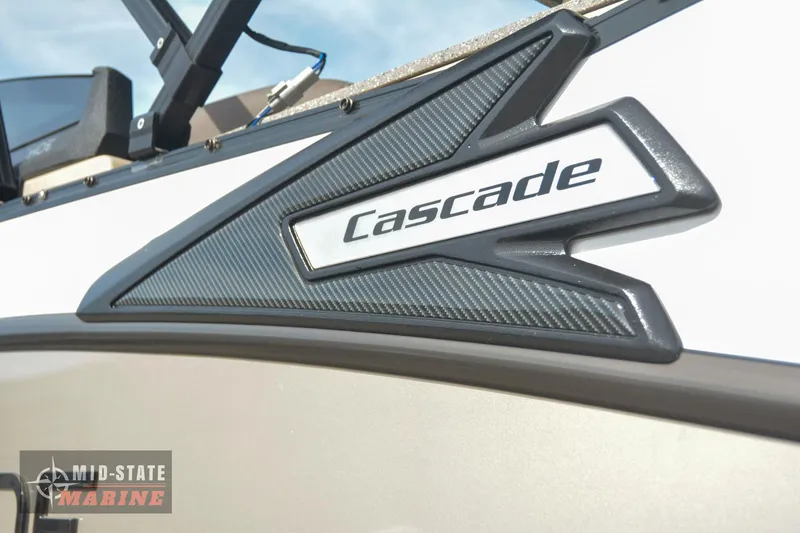 Slide: The Image of 2024 Tahoe Pontoon Cascade Elite Windshield logo on boat exterior. - 7