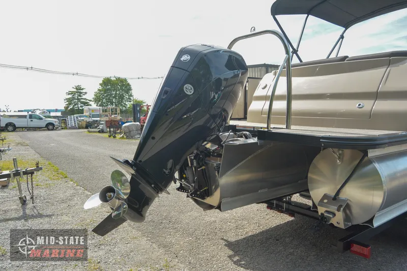 Slide: The Image of 2024 Tahoe Pontoon Cascade Elite Windshield with outboard motor at Mid-State Marine. - 9
