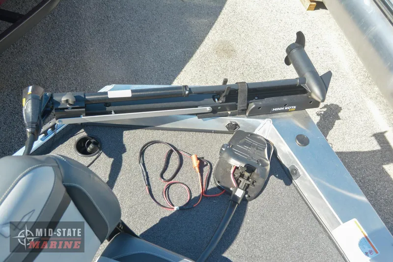 Slide: The Image of 2024 Lowe Skorpion 16 boat deck with trolling motor and wiring. - 20