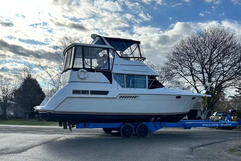 Slide: The Image of 1997 Carver 355 Main Ship Aft Cabin on trailer, ready for transport. - 2