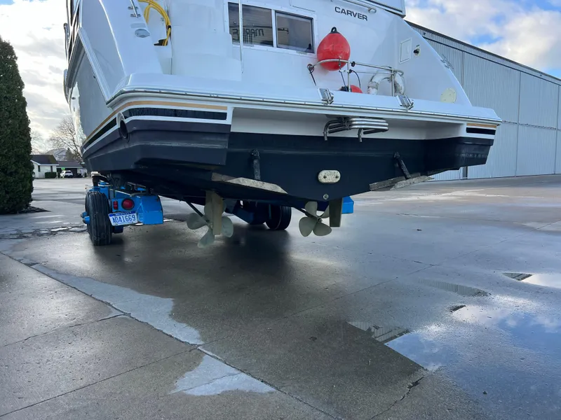 Slide: The Image of 1997 Carver 355 Main Ship Aft Cabin on trailer, rear view. - 22