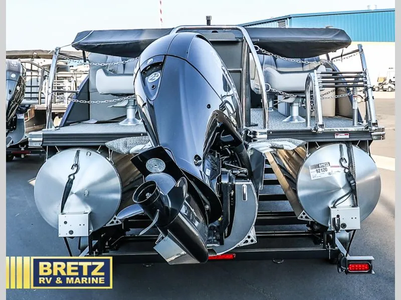 Slide: The Image of 2025 Aria Ultra-Lounge 22UC pontoon boat with powerful outboard motor at Bretz RV & Marine. - 12