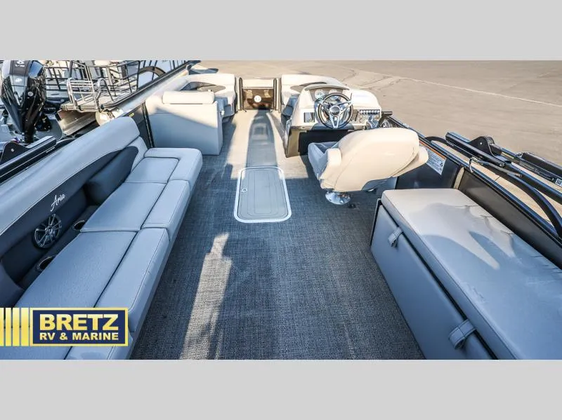 Slide: The Image of Interior of 2025 Aria Ultra-Lounge 22UC pontoon boat with plush seating and modern helm. - 20