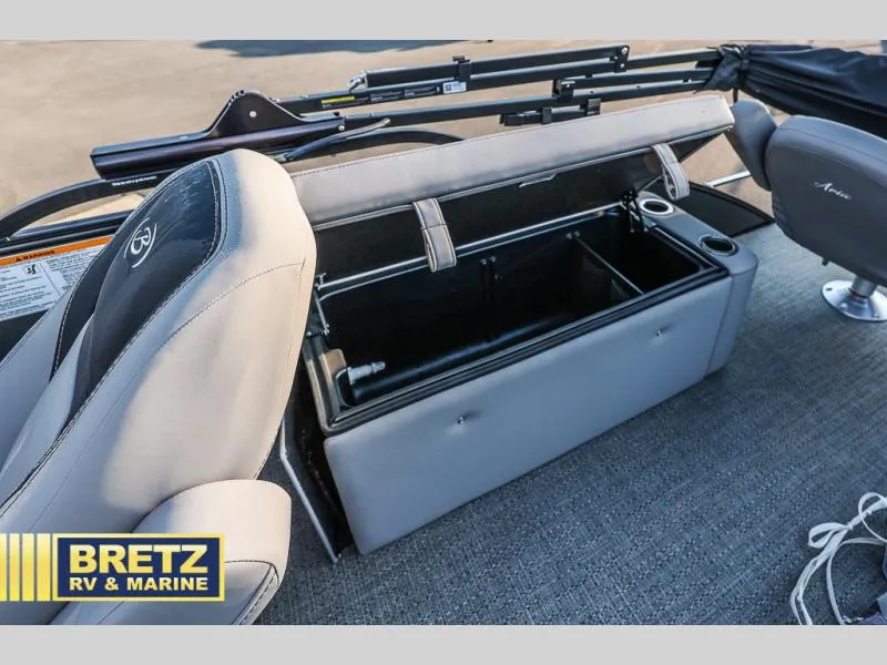 Slide: The Image of Aria Ultra-Lounge 22UC 2025 boat interior with open storage compartment and seating. - 28