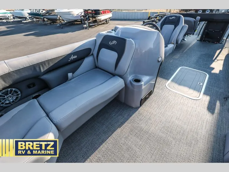 Slide: The Image of Aria Ultra-Lounge 22UC 2025 boat interior with plush seating and modern design. - 34