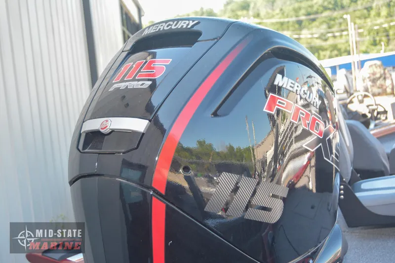 Slide: The Image of 2024 Lowe Stinger 195 Bass boat with Mercury 115 Pro XS outboard motor. - 13