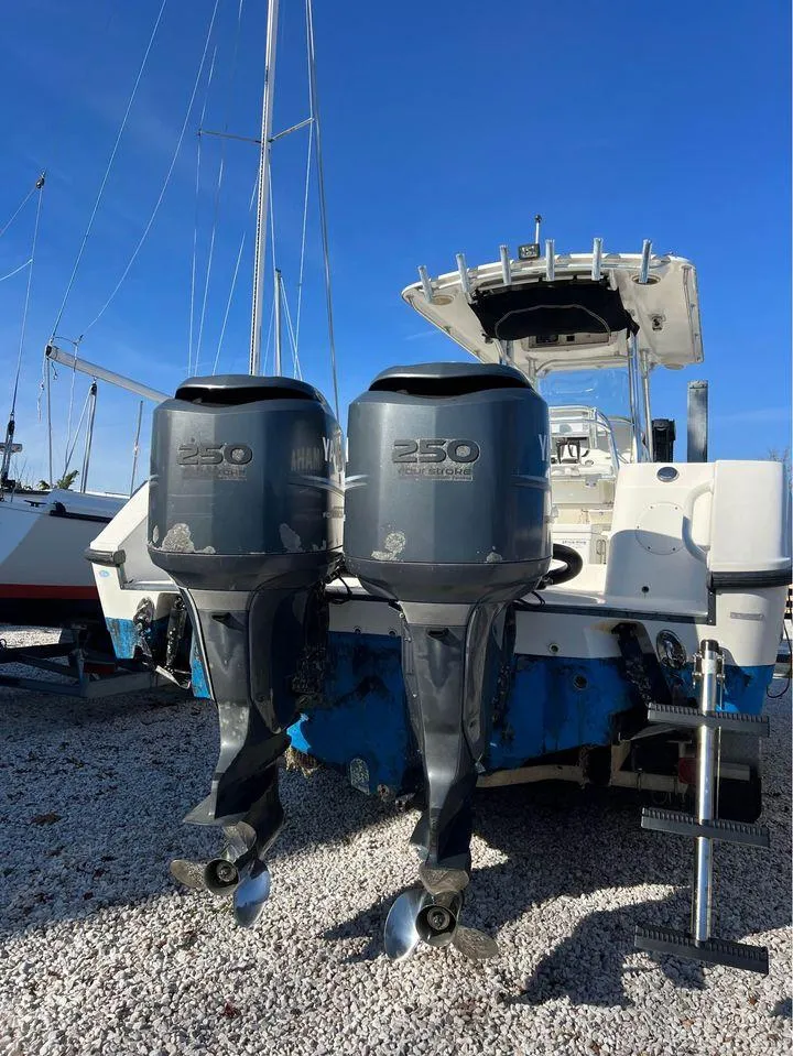 Slide: The Image of 2007 Edgewater 268CC boat with twin Yamaha 250 outboard engines. - 2
