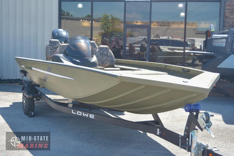 Slide: The Image of 2024 Lowe Outlet 20 boat on trailer at Mid-State Marine dealership. - 0