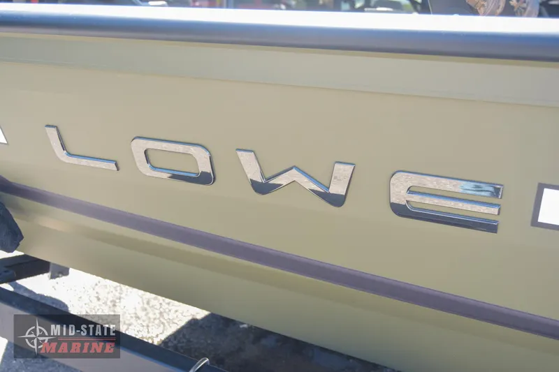 Slide: The Image of 2024 Lowe Outlet 20 boat side view with logo at Mid-State Marine. - 12