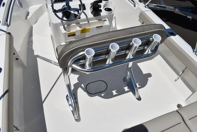 Slide: The Image of 2024 Key West 189 FS boat interior with rod holders and steering console. - 21