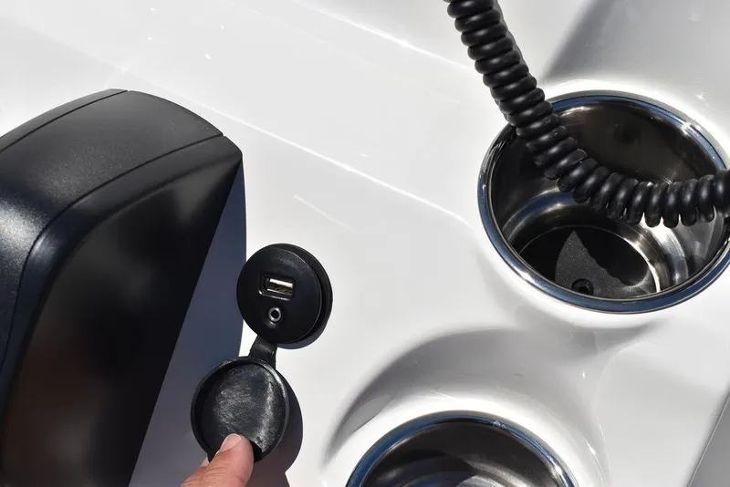 Slide: The Image of 2024 Key West 189 FS boat console with USB ports and cup holders. - 40