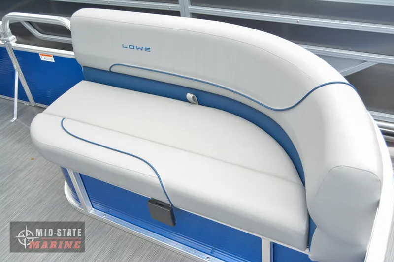 Slide: The Image of 2024 Lowe Ultra 200 Cruise boat seating, gray and blue upholstery, Mid-State Marine logo. - 13