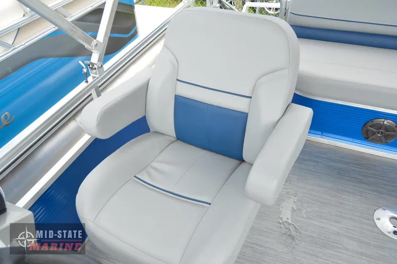 Slide: The Image of 2024 Lowe Ultra 200 Cruise boat seat with blue and white upholstery. - 16