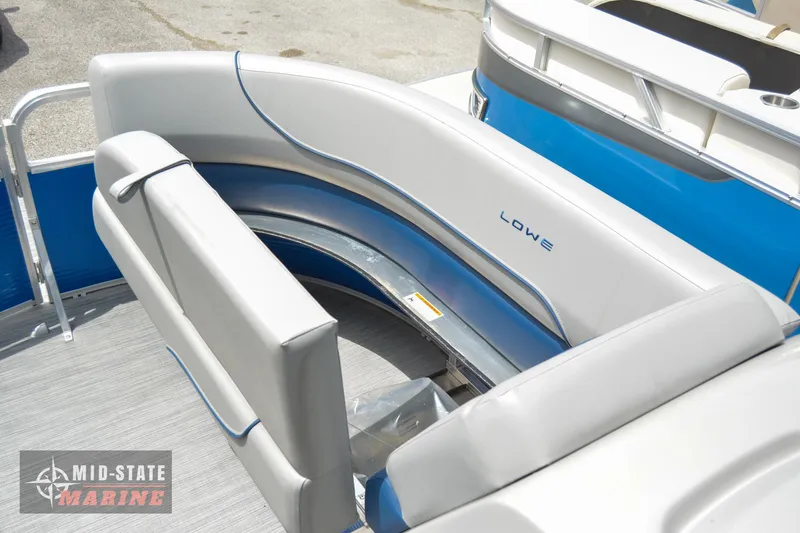 Slide: The Image of 2024 Lowe Ultra 200 Cruise boat interior with gray seating and blue accents. - 21