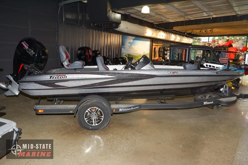 Slide: The Image of 2024 Triton 18 TrX bass boat on display at Mid-State Marine showroom. - 1
