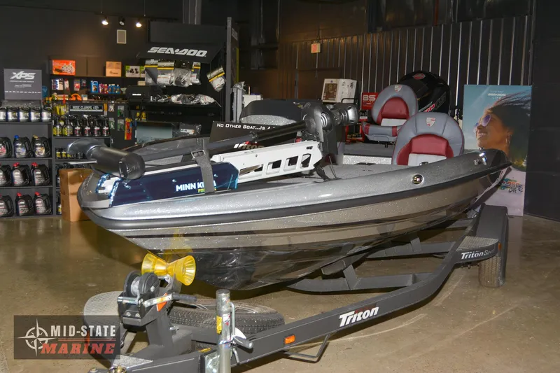 Slide: The Image of 2024 Triton 18 TrX bass boat on display at Mid-State Marine showroom. - 2