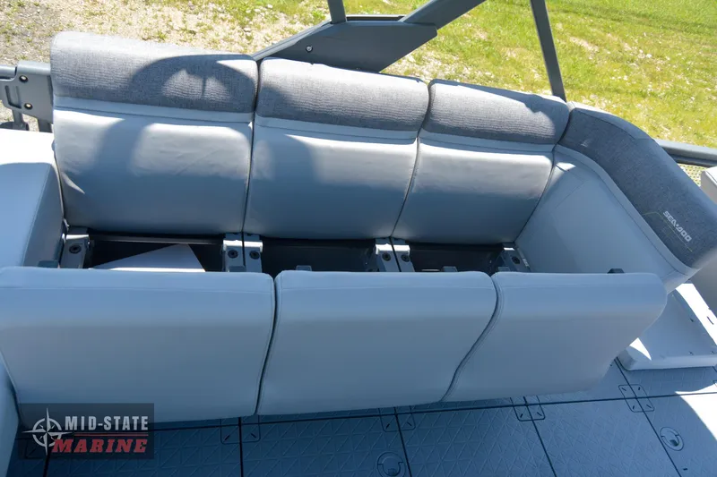 Slide: The Image of 2023 Sea-Doo Switch Sport 21 rear seating area with gray upholstery. - 21