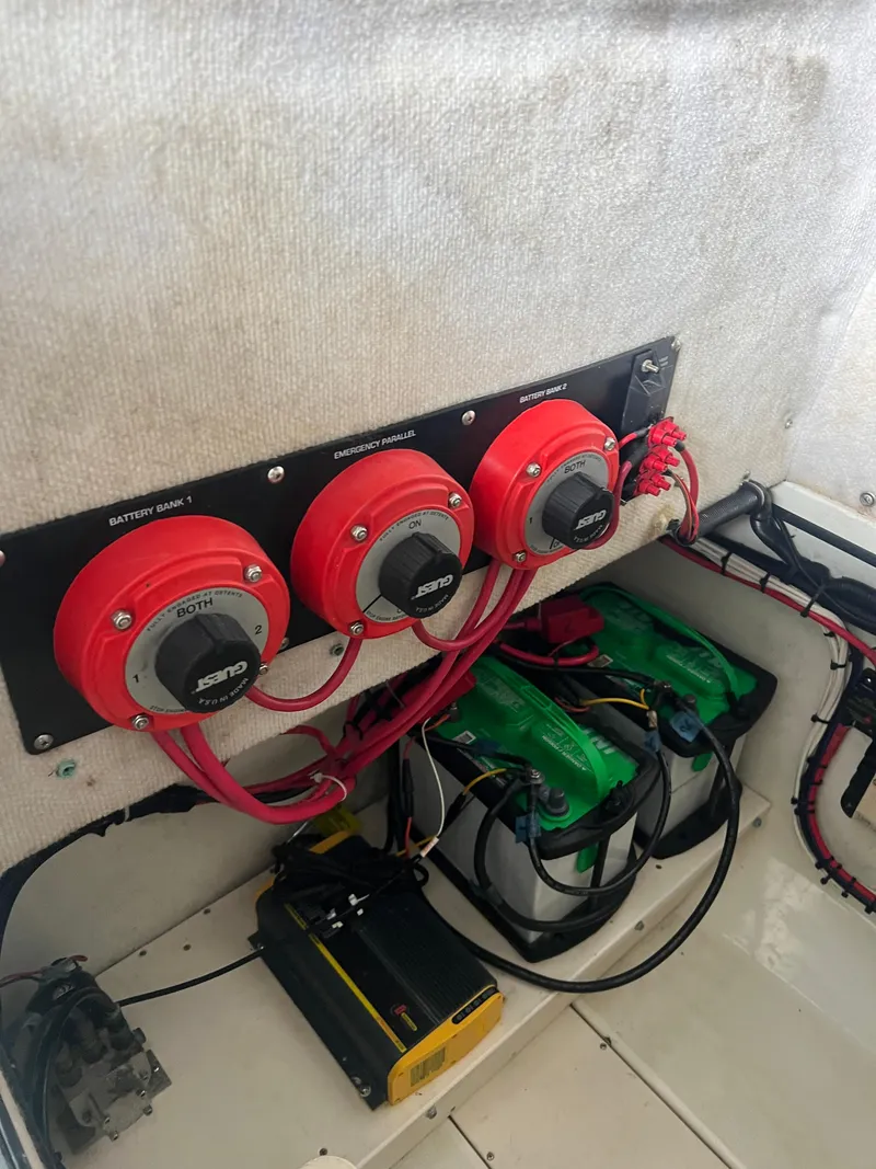 Slide: The Image of Hydra-Sports 2400 CC Vector 2000 boat battery switches and wiring setup. - 43