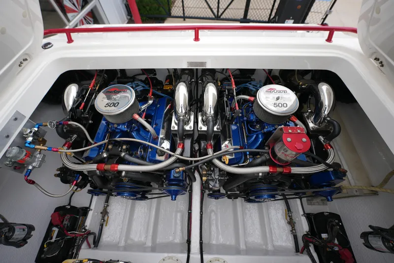 Slide: The Image of 1999 Fountain 35 Lightning boat engine compartment with twin Mercury 500 engines. - 20