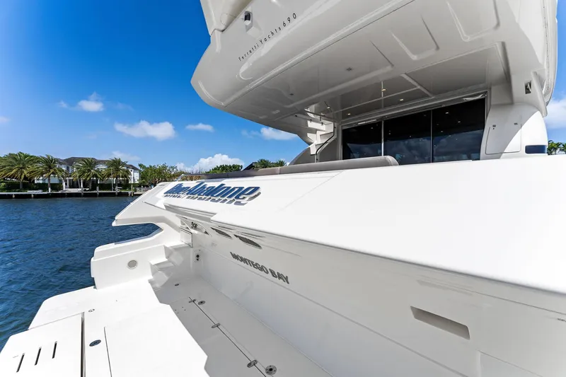 Slide: The Image of 2015 Ferretti Yachts 690, sleek design, docked by waterfront, clear blue sky. - 20
