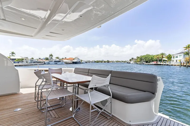 Slide: The Image of Luxurious 2015 Ferretti Yachts 690 deck with seating, overlooking serene waterfront views. - 40