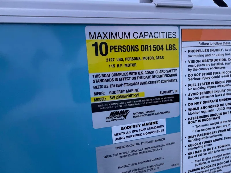 Slide: The Image of Maximum capacities label on 2024 Godfrey Sweetwater 2086 BF boat. - 16