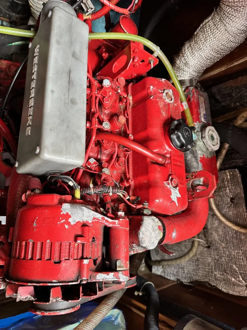 Slide: The Image of 1986 Sabre 30 Sabre MK III engine compartment with red Westerbeke engine. - 39