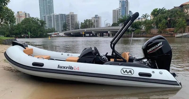 The Image of 2024 Aqvaboats LUXRIB 14 inflatable boat on riverbank with cityscape background. - 0