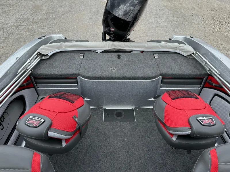 Slide: The Image of 2024 Ranger 1850MS boat interior with red and gray seating and storage compartments. - 15