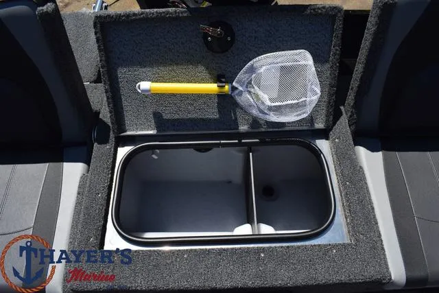 Slide: The Image of 2025 Lund 1775 Adventure SS livewell with net, Thayer's Marine logo. - 12