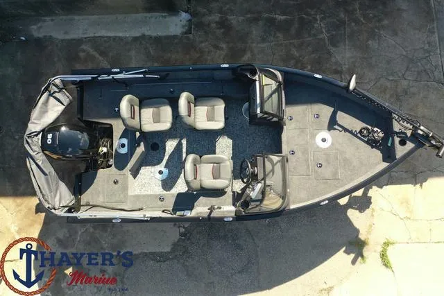 Slide: The Image of 2024 Tracker Pro Guide™ V-16 WT fishing boat, aerial view, Thayer's Marine logo. - 36