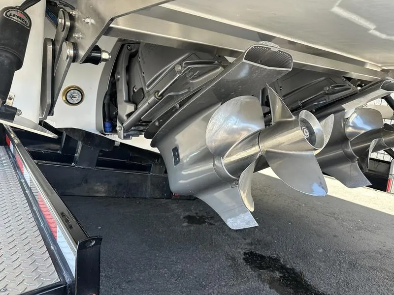 Slide: The Image of Close-up of 2023 Cobalt R33 boat propellers on a trailer. - 10