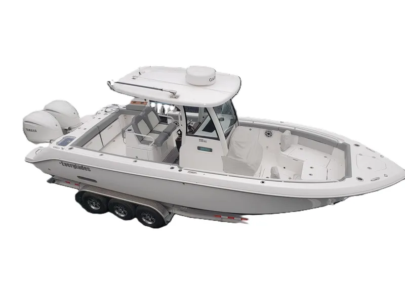 Slide: The Image of 2023 Everglades 285CC boat with dual engines on a trailer, side view. - 4