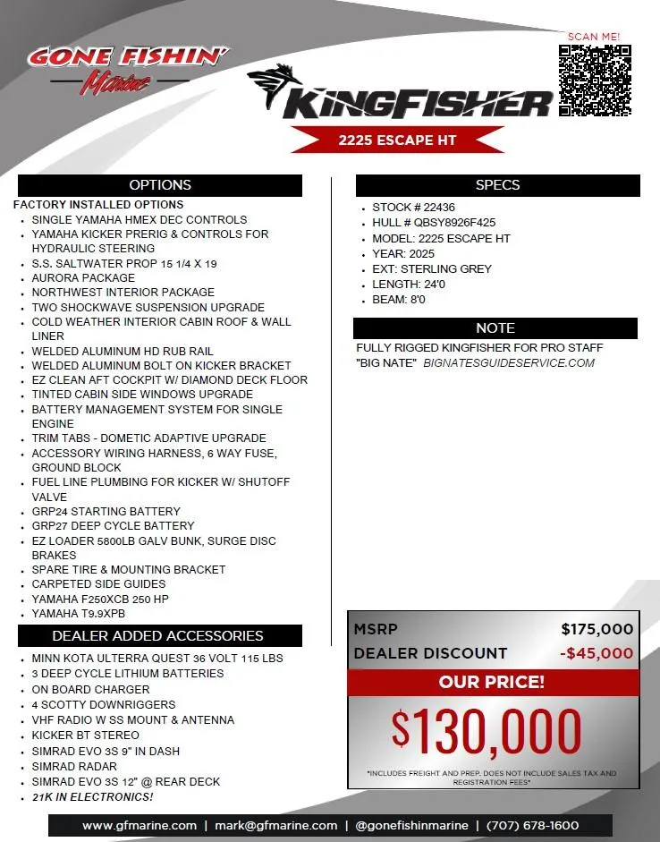 Slide: The Image of 2025 KingFisher 2225 Escape HT boat features, pricing, and dealer discounts overview. - 52