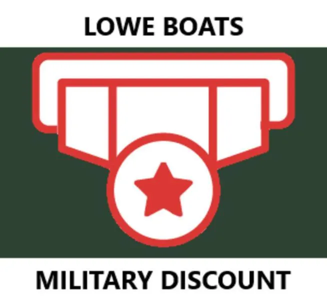 Slide: The Image of Lowe Boats military discount badge with red star, promoting RX1860 RAMBLER 2025. - 21