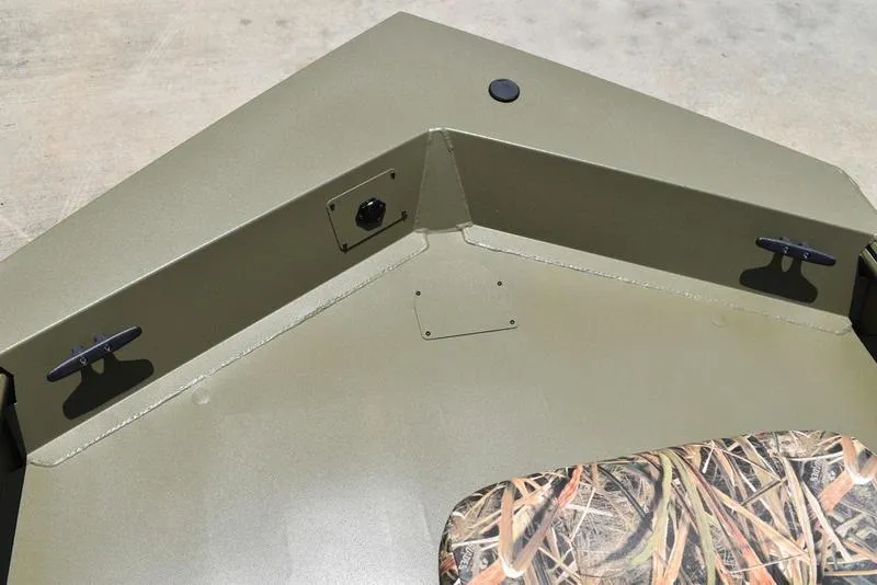 Slide: The Image of 2025 Lowe RX1860 RAMBLER boat bow with camouflage seating and cleats. - 5