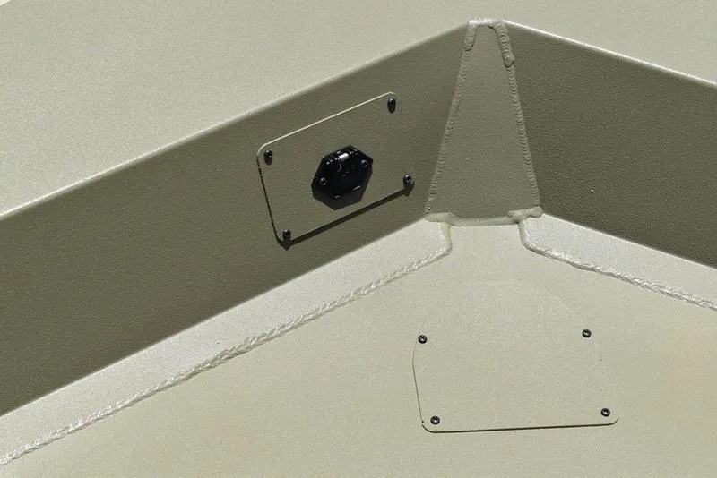 Slide: The Image of 2025 Lowe RX1860 RAMBLER boat interior detail, featuring a metal panel and rivets. - 6