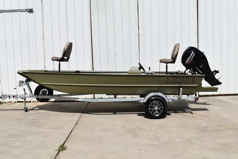 Slide: The Image of 2025 Lowe RX1860 RAMBLER boat on trailer, featuring two seats and an outboard motor. - 2
