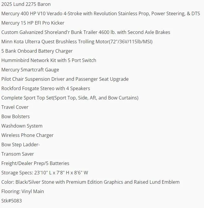 Slide: The Image of 2025 Lund 2275 Baron boat features Mercury engines, advanced electronics, and premium design elements. - 6