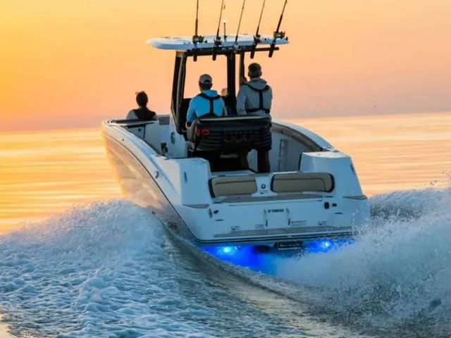 Slide: The Image of 2024 Yamaha Boats 255 FSH Sport H cruising at sunset with fishing rods. - 5