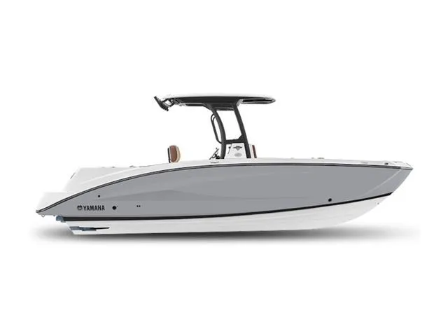 Slide: The Image of 2024 Yamaha Boats 255 FSH Sport H, side view, sleek gray and white design. - 7