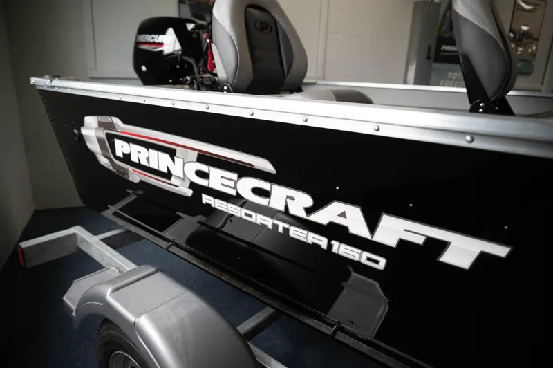 Slide: The Image of 2024 Princecraft Resorter 160 BT boat on trailer, side view. - 12
