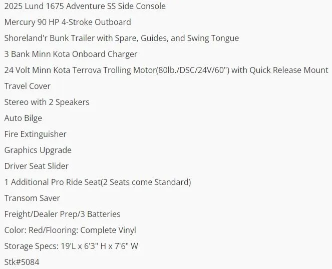 Slide: The Image of 2025 Lund 1675 Adventure SS boat features and specifications list. - 4