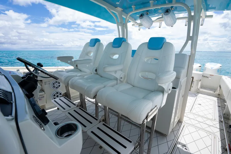 Slide: The Image of 2018 Hydra-Sports 4200 Siesta boat interior with luxurious seating and ocean view. - 32