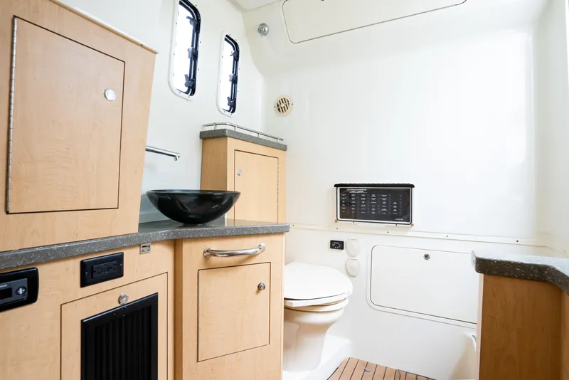 Slide: The Image of 2018 Hydra-Sports 4200 Siesta boat interior with modern bathroom amenities. - 39