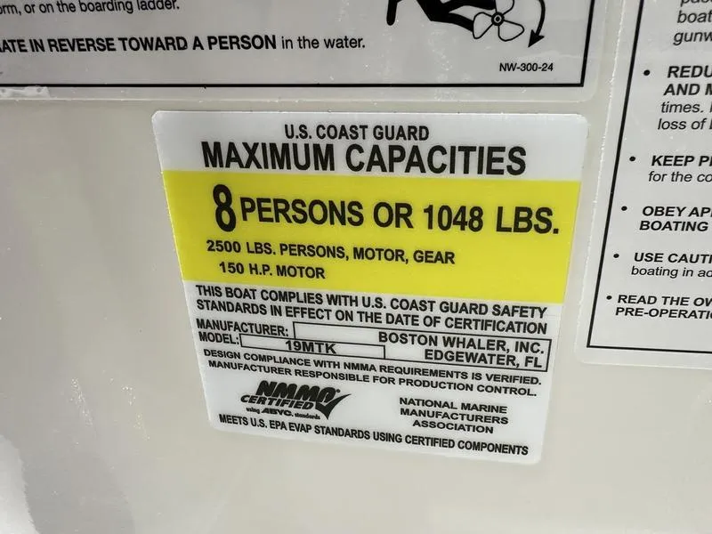 Slide: The Image of U.S. Coast Guard capacity label for 2025 Boston Whaler 190 Montauk, 8 persons or 1048 lbs. - 14