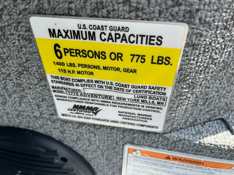 Slide: The Image of 2025 Lund 1775 Adventure SS boat capacity label, 6 persons or 775 lbs, 115 HP motor. - 22